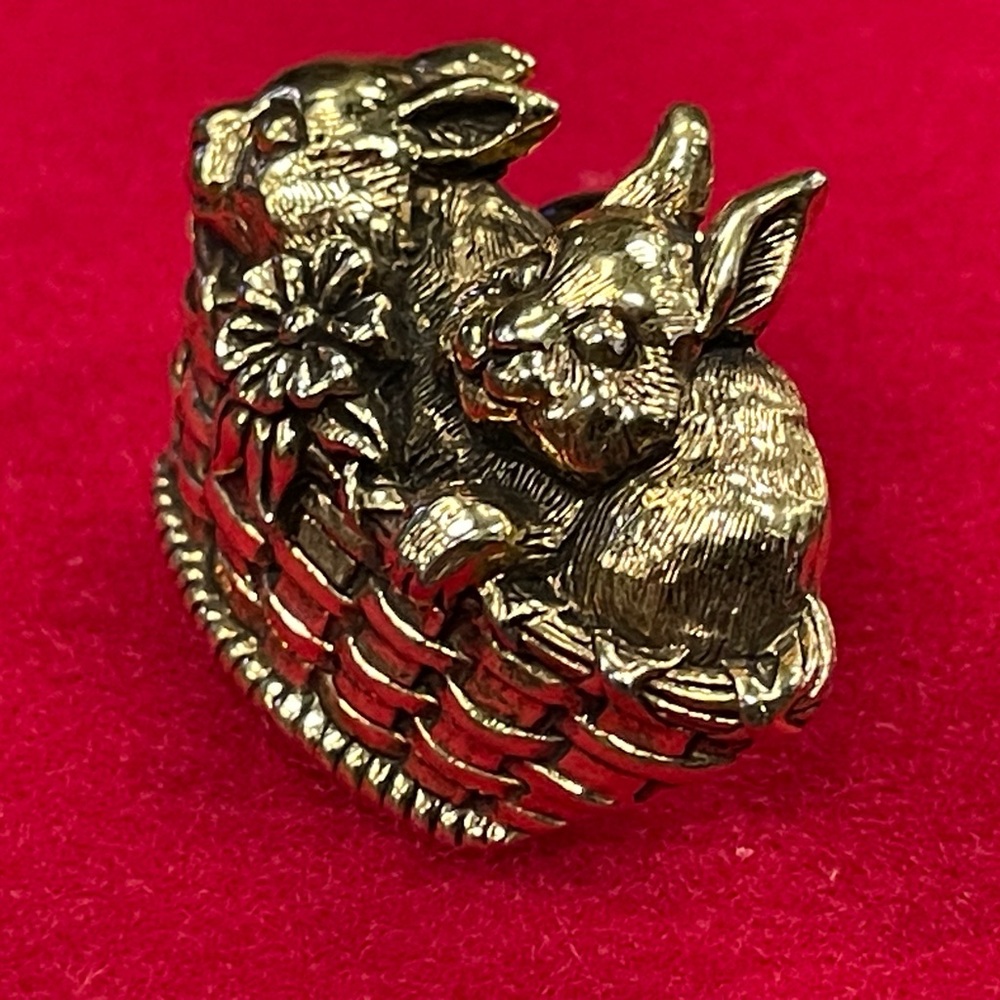 Vintage Easter Gold-tone Bunny Basket Brooch - Two Rabbit Pin
